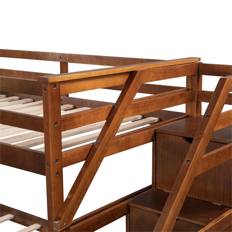 CRO Decor Twin-Over-Twin Bunk Bed withTrundle and 3 Storage Stairs (Walnut)