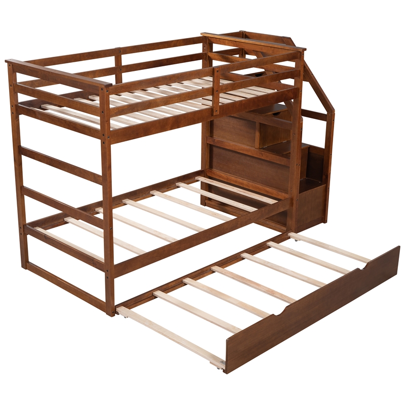 CRO Decor Twin-Over-Twin Bunk Bed withTrundle and 3 Storage Stairs (Walnut)