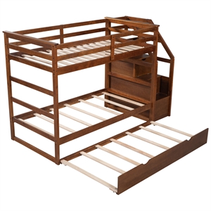cro decor twin-over-twin bunk bed withtrundle and 3 storage stairs (walnut)