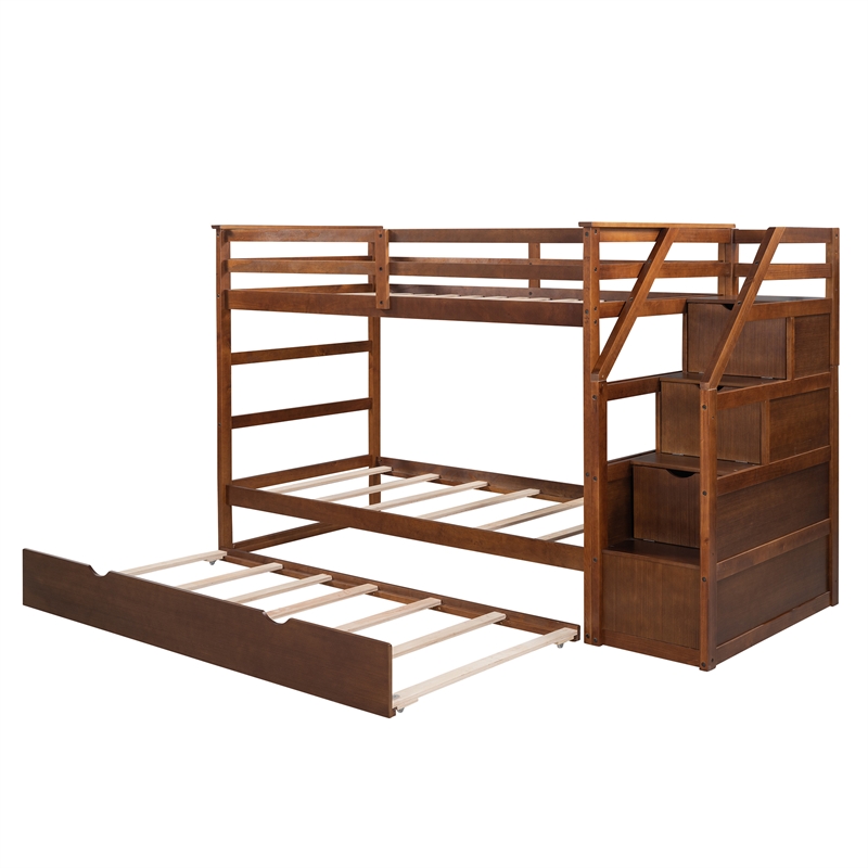 CRO Decor Twin-Over-Twin Bunk Bed withTrundle and 3 Storage Stairs (Walnut)