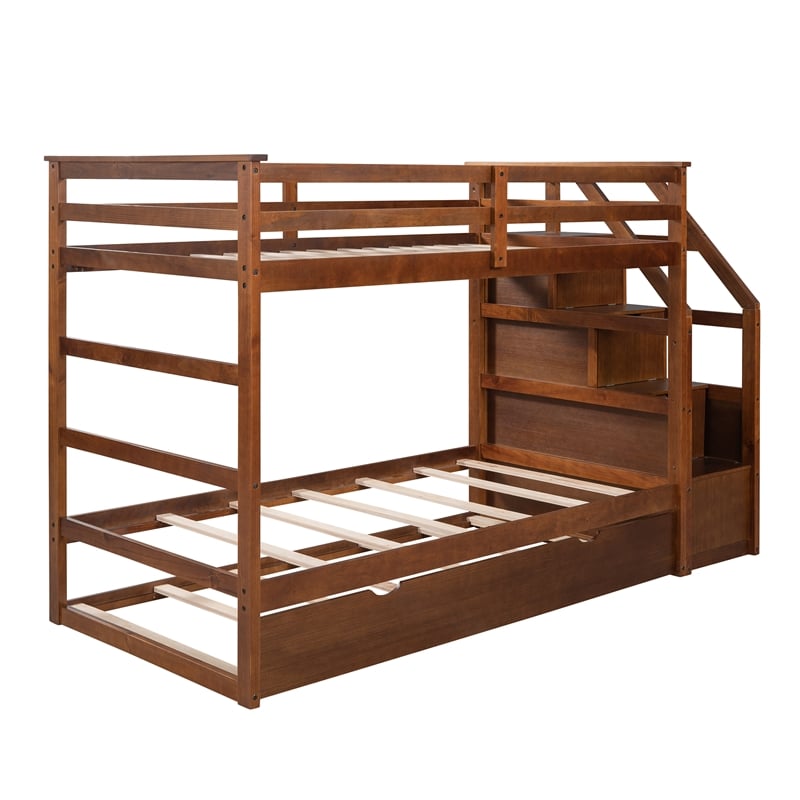CRO Decor Twin-Over-Twin Bunk Bed withTrundle and 3 Storage Stairs (Walnut)