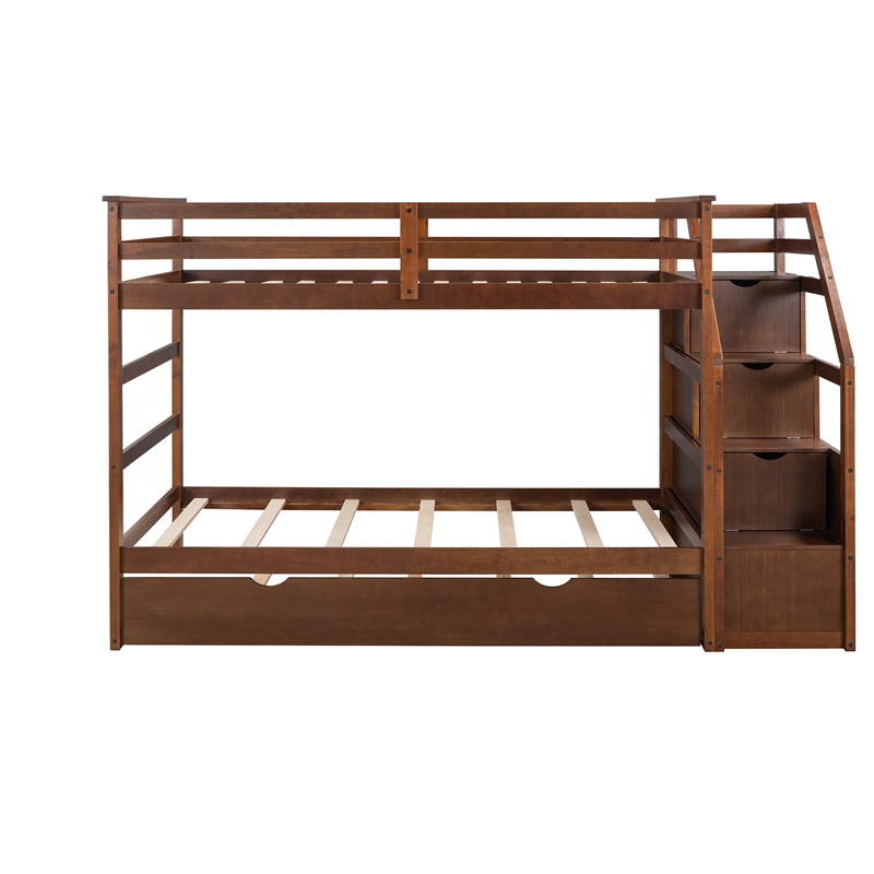 CRO Decor Twin-Over-Twin Bunk Bed withTrundle and 3 Storage Stairs (Walnut)
