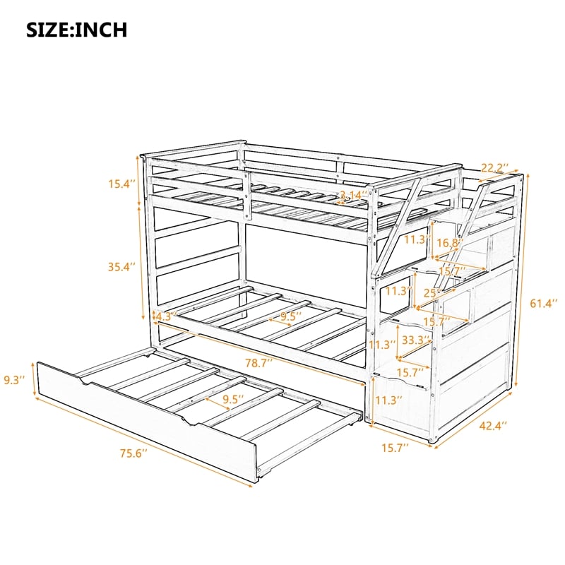 CRO Decor Twin-Over-Twin Bunk Bed withTrundle and 3 Storage Stairs (Walnut)