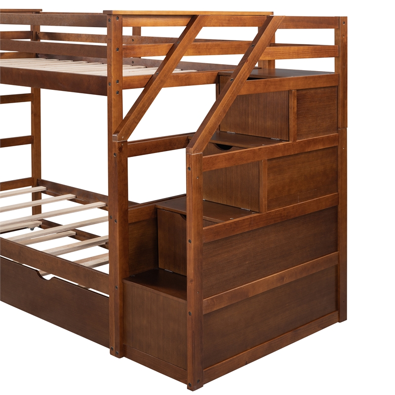 CRO Decor Twin-Over-Twin Bunk Bed withTrundle and 3 Storage Stairs (Walnut)