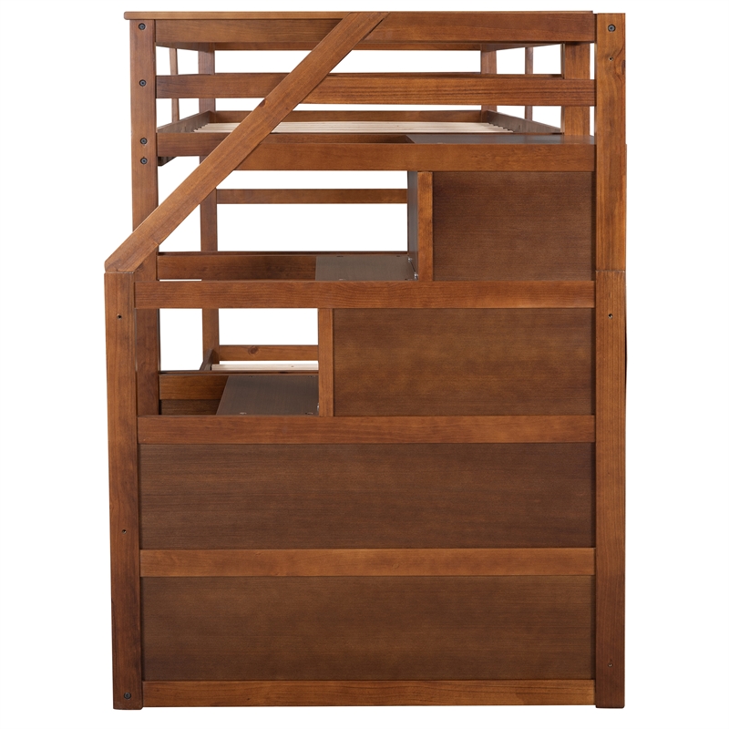 CRO Decor Twin-Over-Twin Bunk Bed withTrundle and 3 Storage Stairs (Walnut)