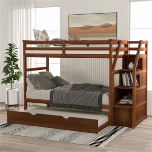 CRO Decor Twin-Over-Twin Bunk Bed withTrundle and 3 Storage Stairs (Walnut)