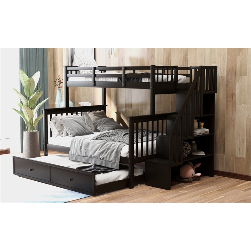 CRO Decor Stairway Twin-Over-Full Bunk Bed with  Trundle Storage and Guard Rail