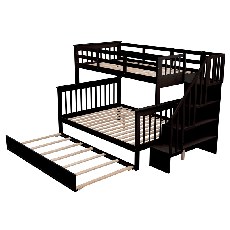 CRO Decor Stairway Twin-Over-Full Bunk Bed with  Trundle Storage and Guard Rail