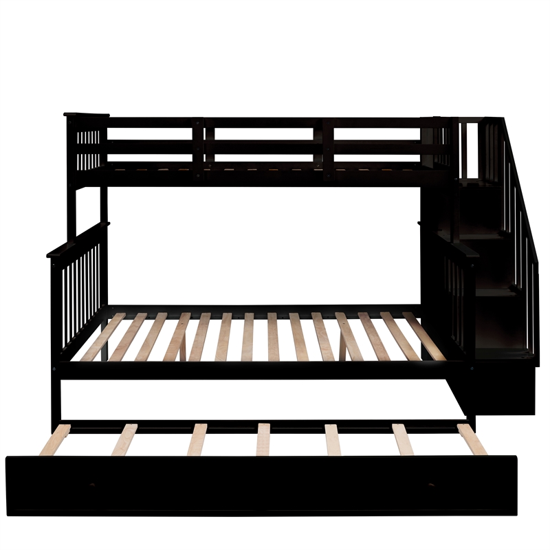 CRO Decor Stairway Twin-Over-Full Bunk Bed with  Trundle Storage and Guard Rail