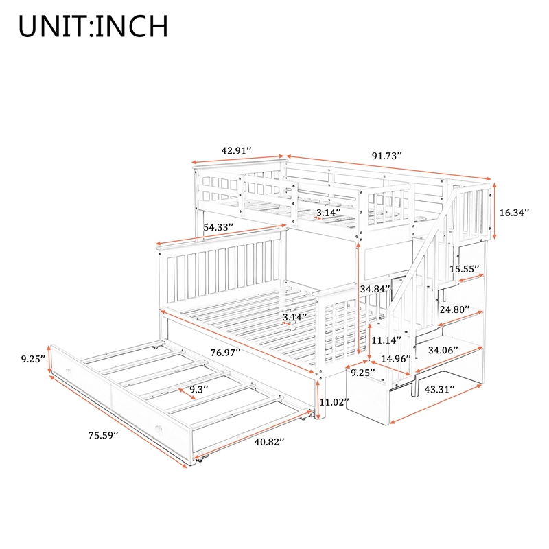 CRO Decor Stairway Twin-Over-Full Bunk Bed with  Trundle Storage and Guard Rail