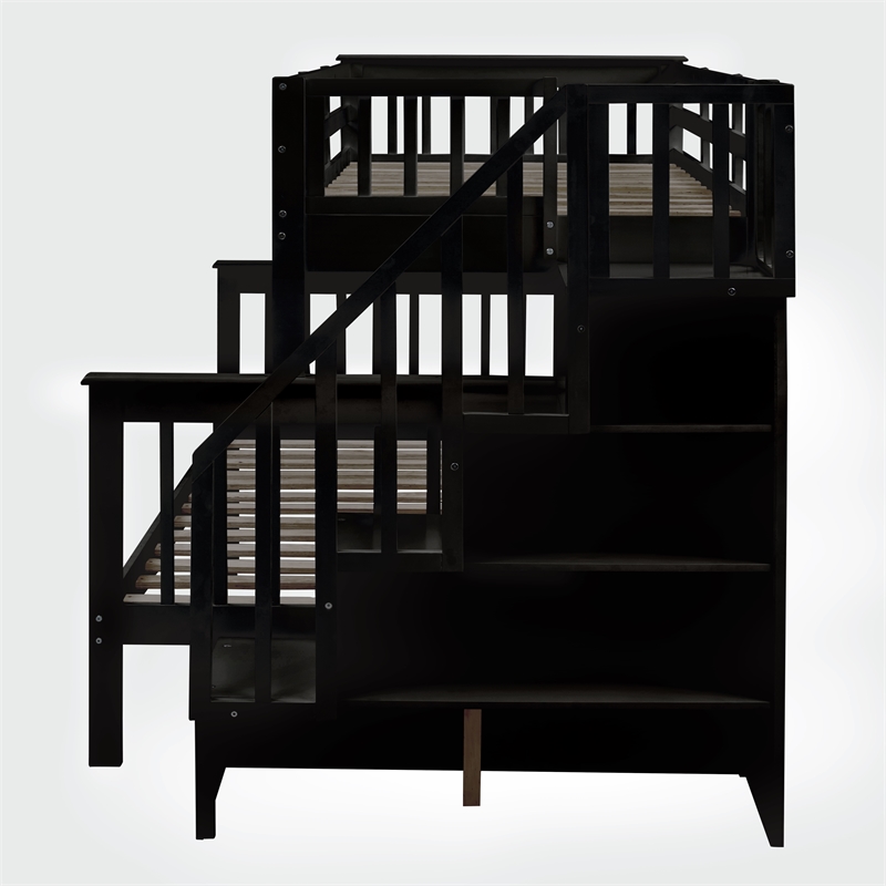 CRO Decor Stairway Twin-Over-Full Bunk Bed with  Trundle Storage and Guard Rail