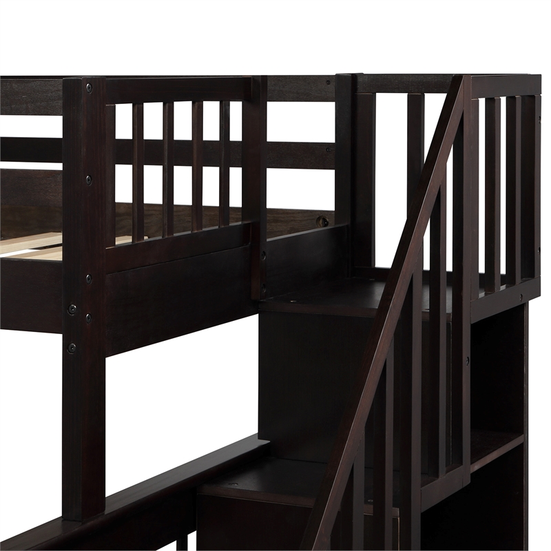 CRO Decor Stairway Twin-Over-Full Bunk Bed with  Trundle Storage and Guard Rail
