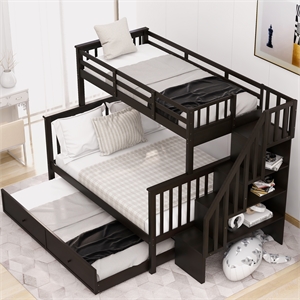 cro decor stairway twin-over-full bunk bed with  trundle storage and guard rail