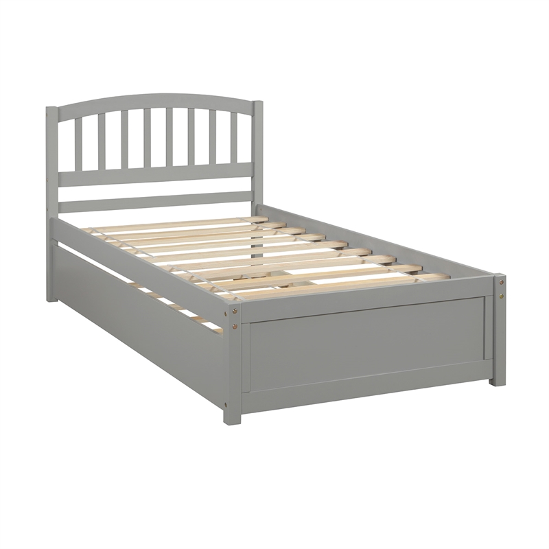 CRO Decor Twin size Platform Bed Wood Bed Frame with Trundle (Gray)