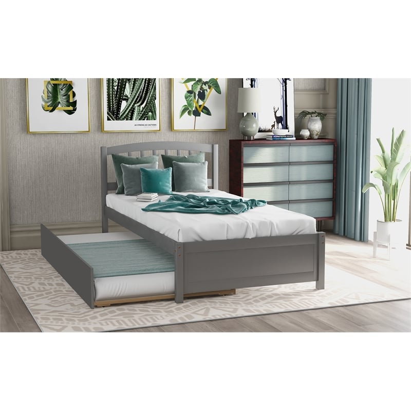 CRO Decor Twin size Platform Bed Wood Bed Frame with Trundle (Gray)
