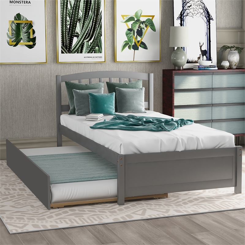 CRO Decor Twin size Platform Bed Wood Bed Frame with Trundle (Gray)