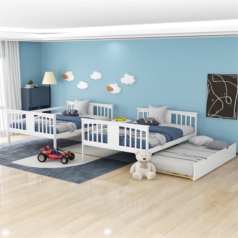 CRO Decor Full over Full Bunk Bed with Twin Size Trundle and Ladder-White