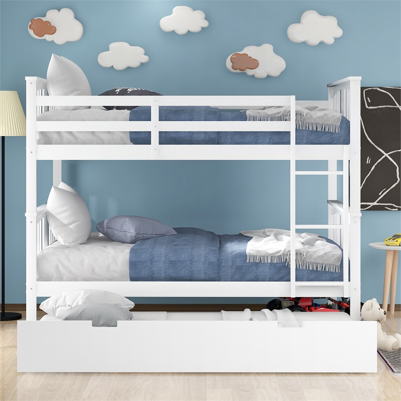 CRO Decor Full over Full Bunk Bed with Twin Size Trundle and Ladder-White