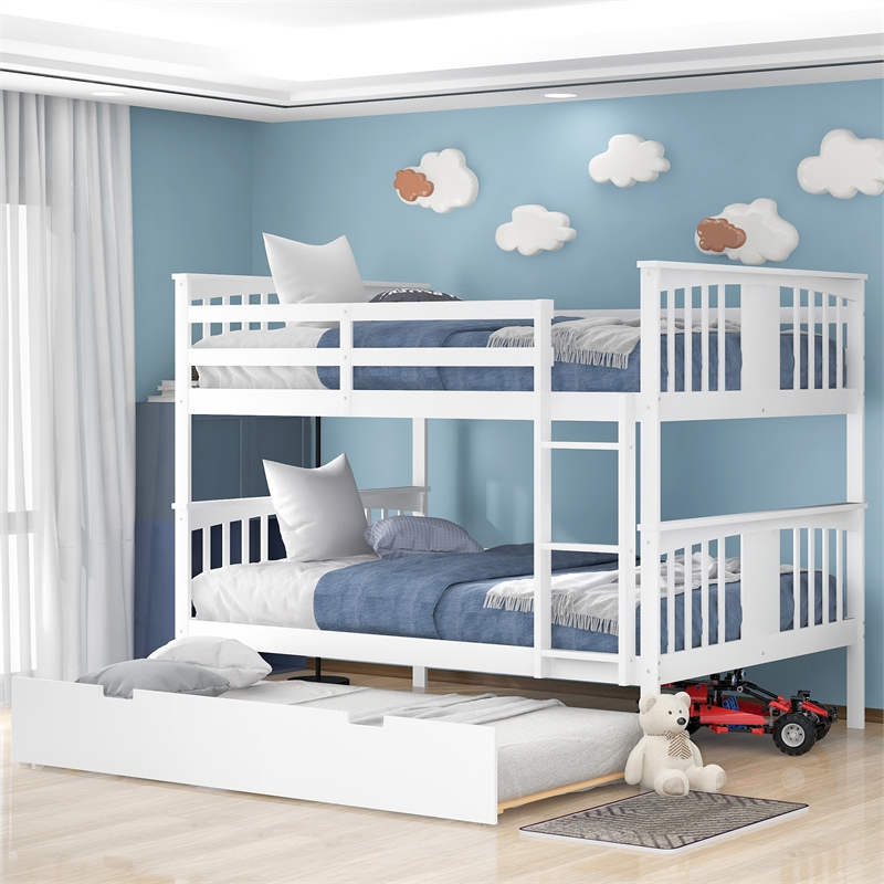 CRO Decor Full over Full Bunk Bed with Twin Size Trundle and Ladder-White