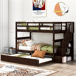 cro decor stairway twin-over-twin bunk bed with twin size trundle (espresso)