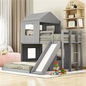 cro decor wooden twin over full bunk bed loft bed with ladder slide (gray)