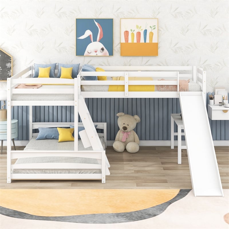 CRO Decor Twin over Full Bunk Bed with Twin Size Loft Bed with Desk (White)