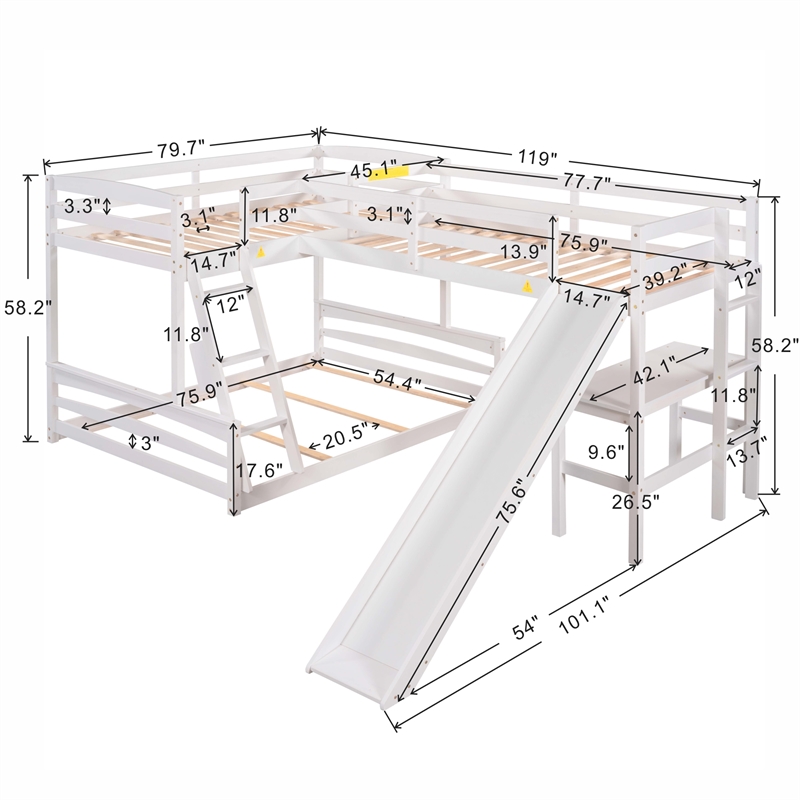 CRO Decor Twin over Full Bunk Bed with Twin Size Loft Bed with Desk (White)