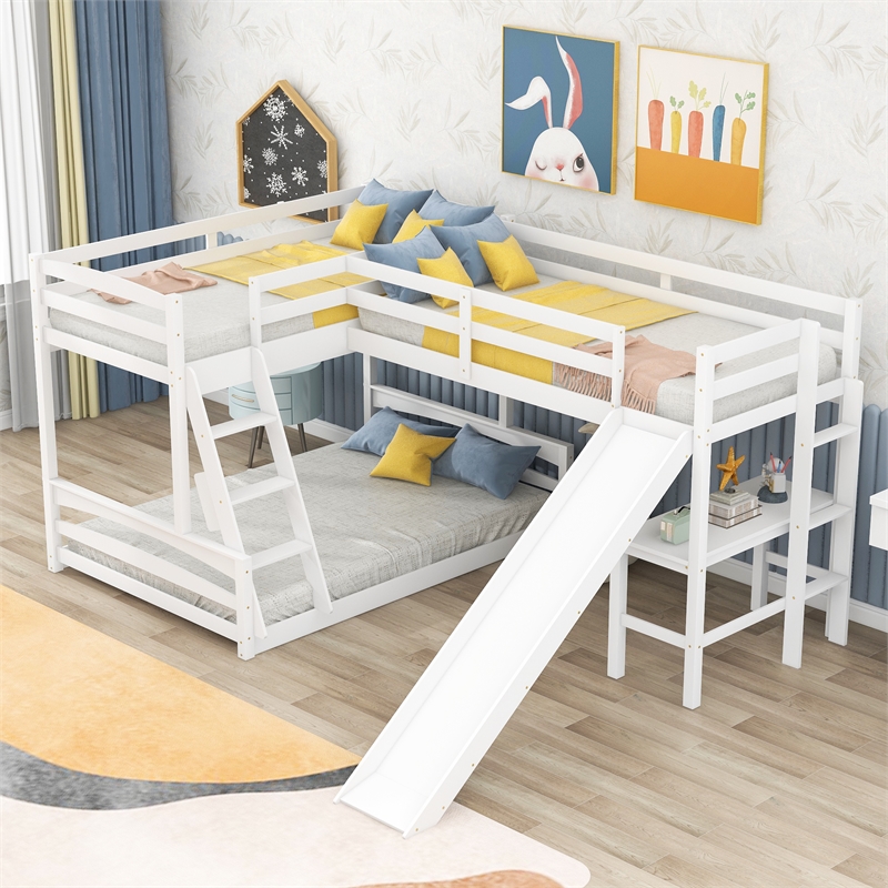 CRO Decor Twin over Full Bunk Bed with Twin Size Loft Bed with Desk (White)
