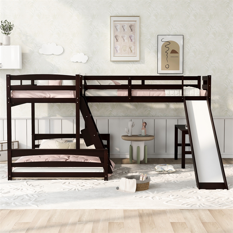 CRO Decor Twin over Full Bunk Bed with Twin Size Loft Bed with Desk (Espresso)