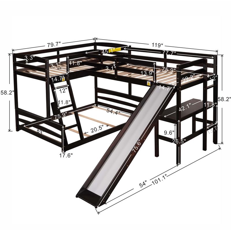 CRO Decor Twin over Full Bunk Bed with Twin Size Loft Bed with Desk (Espresso)