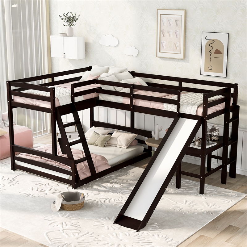 CRO Decor Twin over Full Bunk Bed with Twin Size Loft Bed with Desk (Espresso)