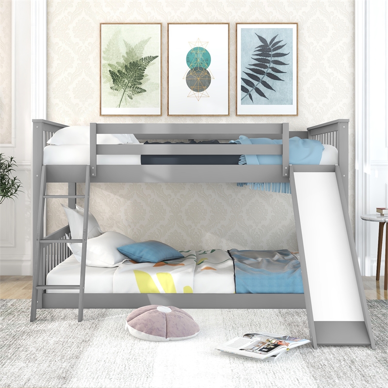 CRO Decor Full over Full Bunk Bed with Convertible Slide and Ladder (Gray)