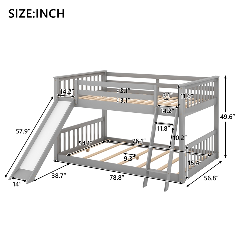 CRO Decor Full over Full Bunk Bed with Convertible Slide and Ladder (Gray)