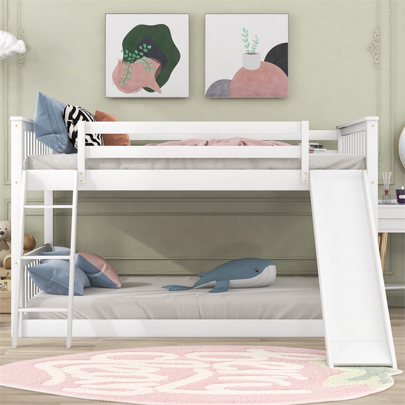 CRO Decor Full over Full Bunk Bed with Convertible Slide and Ladder (White)