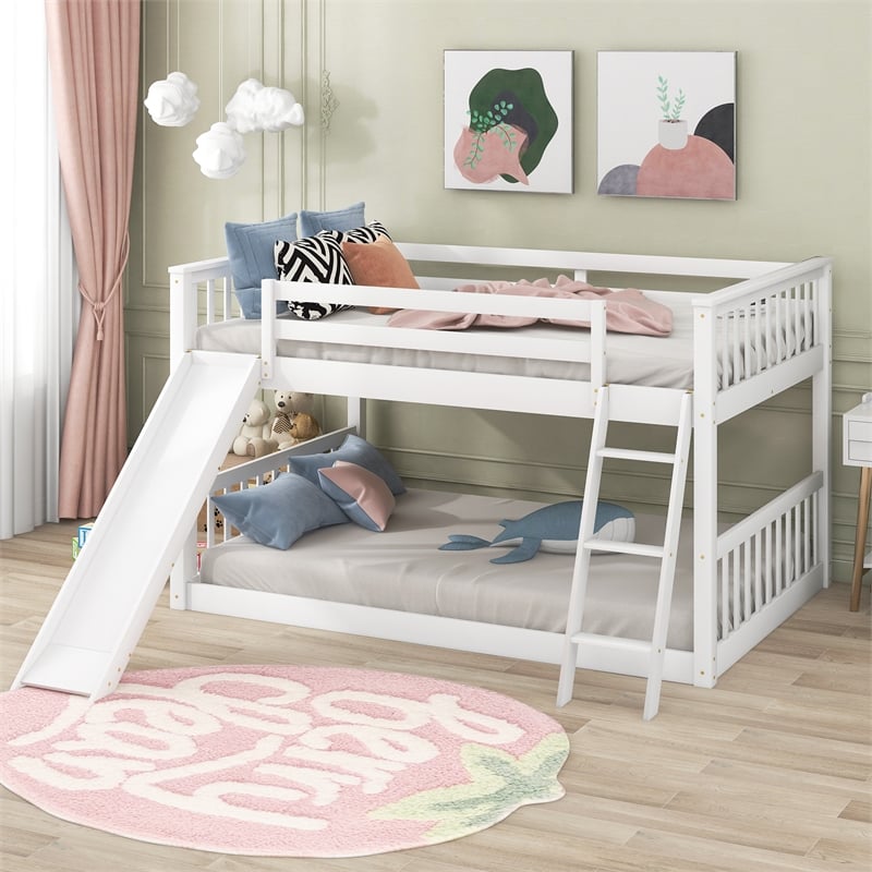 CRO Decor Full over Full Bunk Bed with Convertible Slide and Ladder (White)