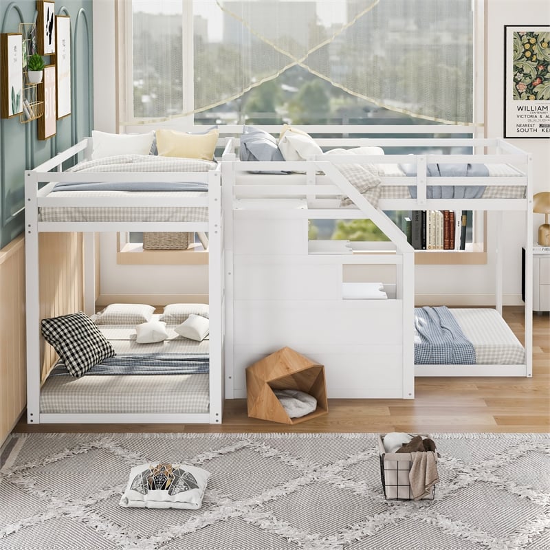 CRO Decor Twin over Twin L-Shaped Bunk Bed with Built-in Middle Staircase(White)