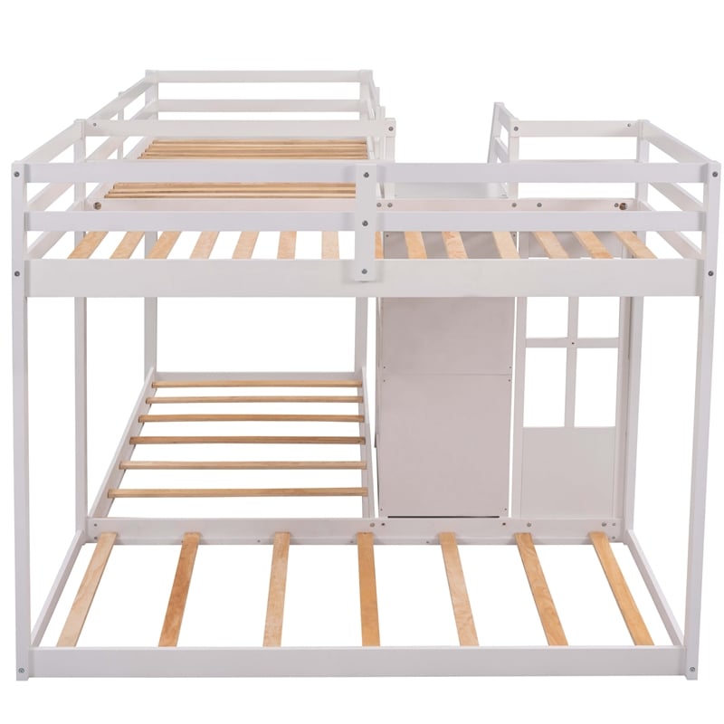 CRO Decor Twin over Twin L-Shaped Bunk Bed with Built-in Middle Staircase(White)