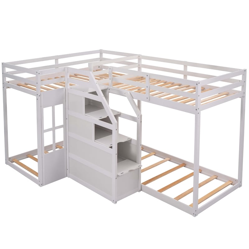 CRO Decor Twin over Twin L-Shaped Bunk Bed with Built-in Middle Staircase(White)