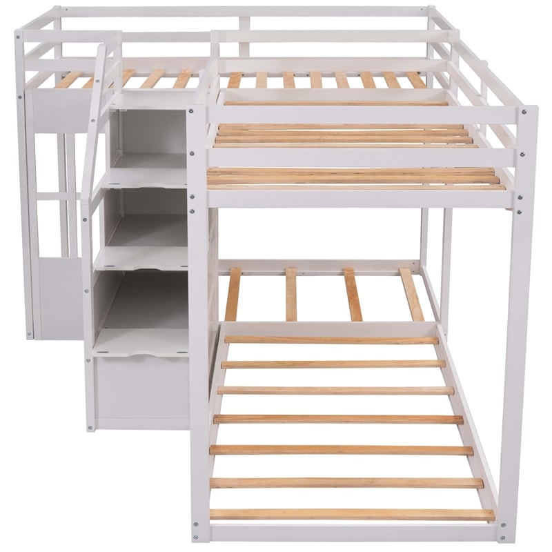CRO Decor Twin over Twin L-Shaped Bunk Bed with Built-in Middle Staircase(White)
