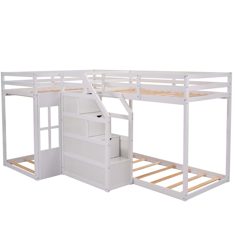 CRO Decor Twin over Twin L-Shaped Bunk Bed with Built-in Middle Staircase(White)
