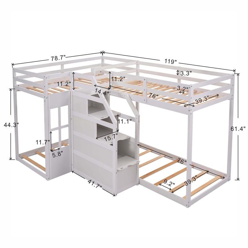 CRO Decor Twin over Twin L-Shaped Bunk Bed with Built-in Middle Staircase(White)