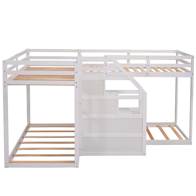 CRO Decor Twin over Twin L-Shaped Bunk Bed with Built-in Middle Staircase(White)