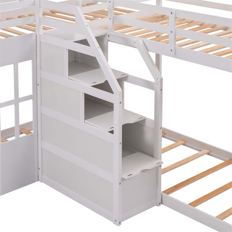 CRO Decor Twin over Twin L-Shaped Bunk Bed with Built-in Middle Staircase(White)