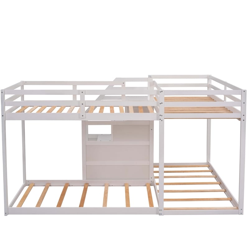 CRO Decor Twin over Twin L-Shaped Bunk Bed with Built-in Middle Staircase(White)