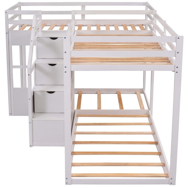 CRO Decor Twin over Twin L-Shaped Bunk Bed with Built-in Middle Staircase(White)