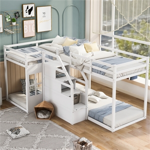 CRO Decor Twin over Twin L-Shaped Bunk Bed with Built-in Middle Staircase(White)