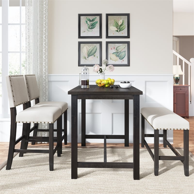 CRO Decor 4 Piece Wooden Counter Height Dining Table Set with Upholstered Bench