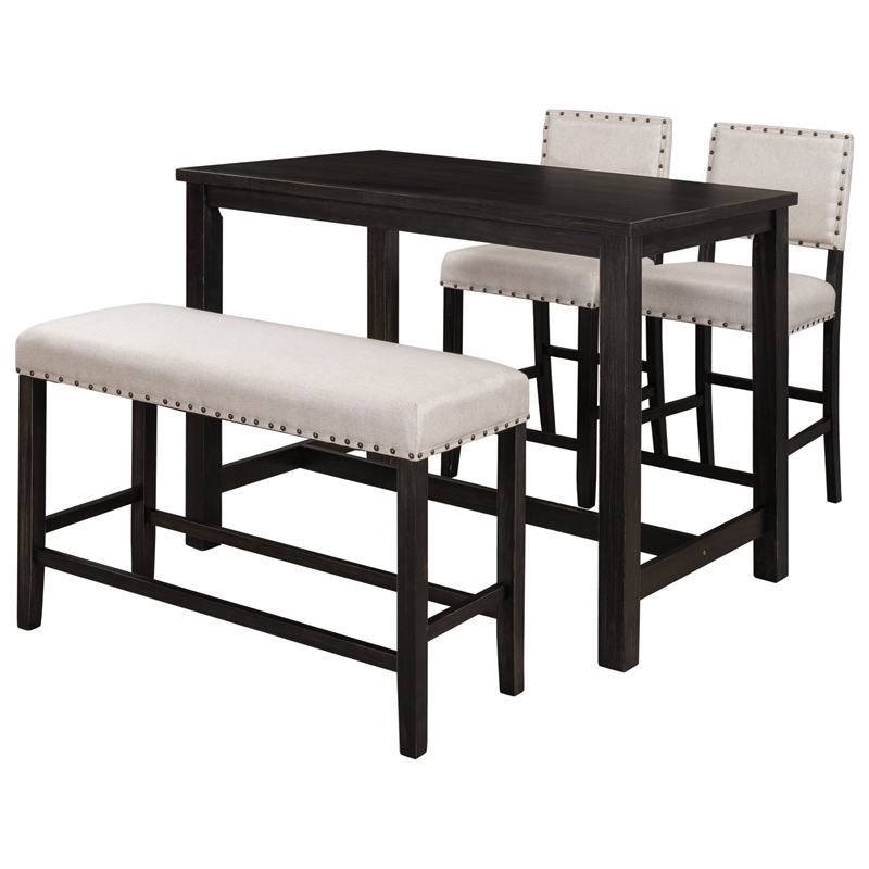 CRO Decor 4 Piece Wooden Counter Height Dining Table Set with Upholstered Bench