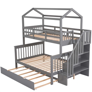 cro decor twin over full house bunk bed with trundle and staircase (gray)