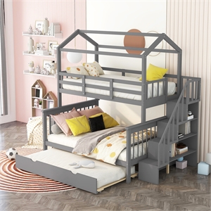 cro decor twin over full house bunk bed with trundle and staircase (gray)